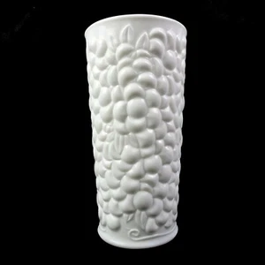 Vintage Vase White Milk Glass 7.5" Tall Grapes Leaves Pattern - Picture 1 of 4
