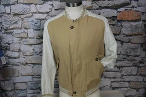 H & M Varsity Jacket Beige Camel Trim Flap Pockets Cotton Poly Button Front - Picture 1 of 8