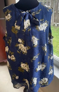 Talbots SZ 2XP Navy Blue Floral Sleeveless Tie Neck Floral Blouse Mature Cottage - Picture 1 of 9