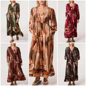 NEU DAMEN FRAUEN MULTI PRINT GERAFFTE BÜSTE MIDIKLEID MAXIKLEID LANGARM - Bild 1 von 21
