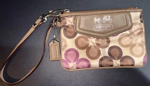 Coach Satin Multicolor Logo Pouch Change Purse Wristlet with Leather Trim 4"x6" - Picture 1 of 6