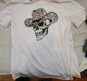Old Skull mit Leopardenmuster Cowboyhut weiß Baumwolle T-Shirt XL Extra Large Tee - Bild 1 von 3