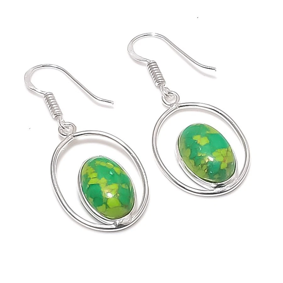 Green Turquoise Gemstone Handmade 925 Sterling Silver Jewelry Earring Size 1.8" - Image 1 of 1