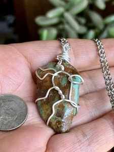 Green Turquoise Amulet , Pendant , Necklace Wire Wrapped Kingman Mine Stone - Picture 1 of 9