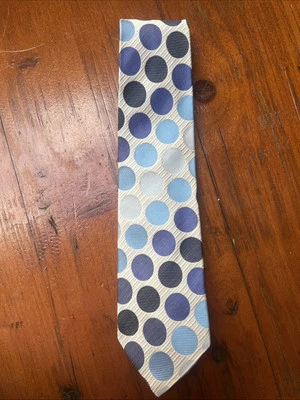 Gravata de seda masculina Byblos prata e manchas azuis multicoloridas. Feito na Itália - Imagem 1 de 4