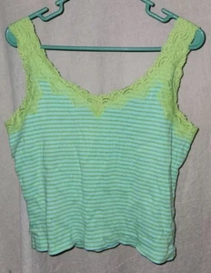Womens Tank Top Shirt Green Stripe Lace Edge Large?  Read Description - Picture 1 of 6
