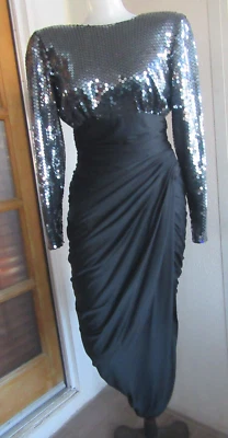 Vestido de cóctel Tadashi vintage años 80 negro acanalado de gasa con lentejuelas de encaje talla 6 Foto 1 de 4