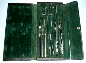German Drafting Set/Case/Vintage-Thirteen Drafting Pieces Included-Green Felt - Picture 1 of 10