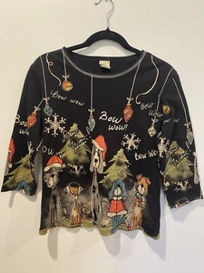 Jess & Jane Top Womens Small Bow Wow Dog Christmas Winter Indie Art to Wear - Picture 1 of 7