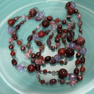 Station Beaded Necklace With Purple & Cranberry Tones, Cat’s Eye, Acrylic, 58 In - Picture 1 of 5