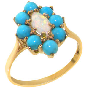 Solid 9k Yellow Gold Natural Opal & Turquoise Womens Cluster Ring