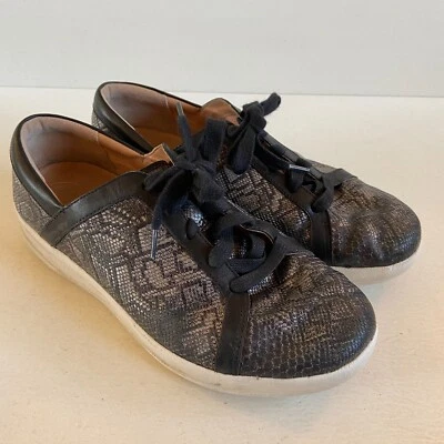 FitFlop F-Sporty Leather Sneakers Womens 6.5 Snakeskin Lace Up Shoes Black Gray - Image 1 of 4