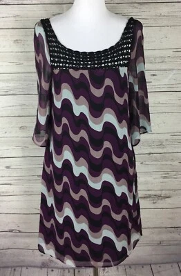 Vestido recto Vertigo Paris para mujer púrpura negro cuello ganchillo manga campana 3/4 XS Foto 1 de 4