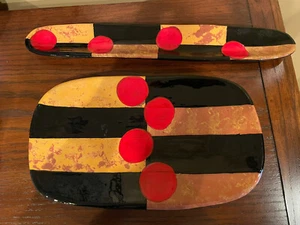 Hand Painted Red Black Serving Tray 2 Pc Set Ceramic Artisan Handmade 12 X 7” - Picture 1 of 10