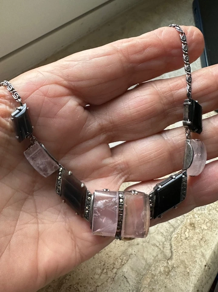 Collier vintage in argento maglia greca anni 40 modello deco’ quarzo rosa  onice - Immagine 1 di 4