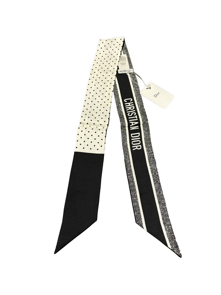 Christian Dior Mitzah Pois Negro Blanco Seda Cinta Sarga Bufanda Foto 1 de 4