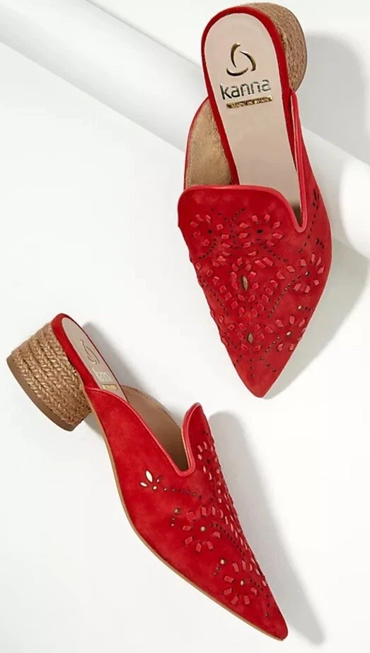 Kanna Talla 38 = 7 - 7.5 Rojo Gamuza Corte Láser Mules Rafia Borde Tacones Anthropologie Foto 1 de 4
