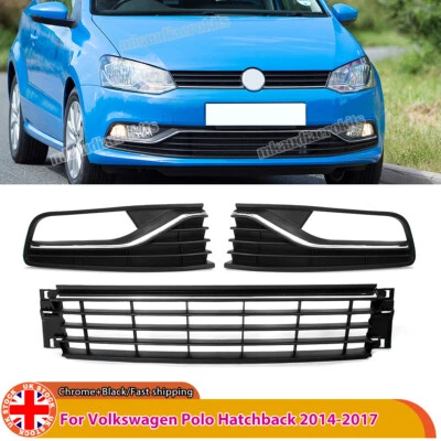 FRONT BUMPER LOWER CENTER GRILLE + FOG LIGHT GRILL SET FOR VW POLO 6R 2014-2017 - Image 1 of 4