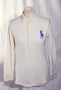 Polo Ralph Lauren Skinny Polo Shirt Long sleeve Off White Large Blue Pony Large - Picture 1 of 8