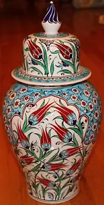 Turkish 17"x9" Handpainted Iznik Tulip & Daisy Pattern Ceramic Jar Urn Canister - Picture 1 of 9