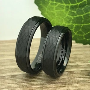 6mm His & Hers Tungsten Wedding Ring,Black Hammered Anniversary Ring Set - Picture 1 of 8