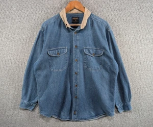 WOOLRICH Outdoor Vintage 90's Men's Blue Denim Worker Button Down Shirt L XL - Picture 1 of 15