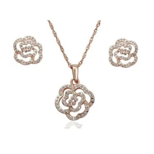Para mujer Oro Rosa Piedras Circoniales Flor Joyería Set Pendientes y Collar Regalo - Imagen 1 de 3