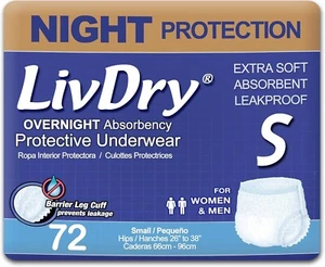 LivDry Adult SMALL Incontinence Underwear, Overnight Comfort  72PK (243) *READ* - Picture 1 of 11