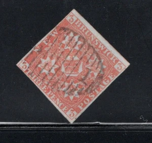 New Brunswick 1851 #1, St. John 3d Red Pence Issue Grid on Blued Paper, RF#4 - Picture 1 of 2