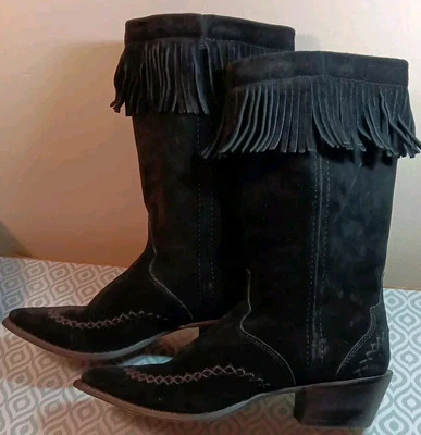 女士靴子牛仔皮革/绒面革条纹西部黑色尖头 7.5  — 第 1/4 张图片