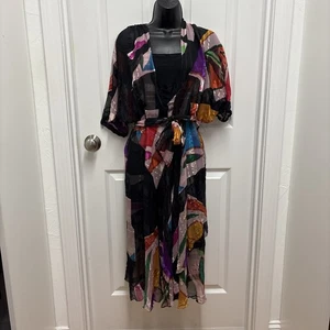Woman’s The Silk Farm Black Wrap Style Multicolor Abstract Silk Dress - Size 10 - Picture 1 of 9