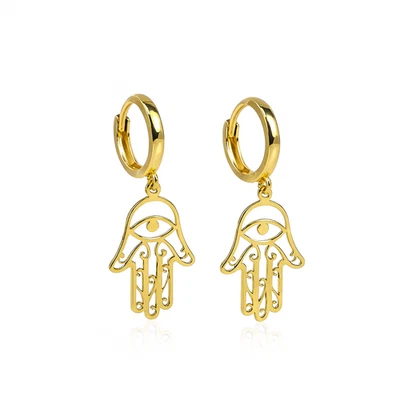 14k Yellow / White Gold Dangle Hamsa Huggie Earrings - Image 1 of 3