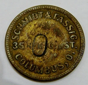 Scmidt & Tassig -Columbus, OH -5¢ Good For Bar Token -Brass, 23mm Counterstamped - Picture 1 of 2