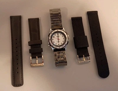 Vtg 90' Acqua Indiglo Compass Bezel WR💦 White Dial Black & Red Seconds 3 Straps - Image 1 of 4