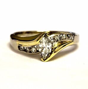 14k white yellow gold .87ct marquise diamond womens engagement ring 6.4g estate