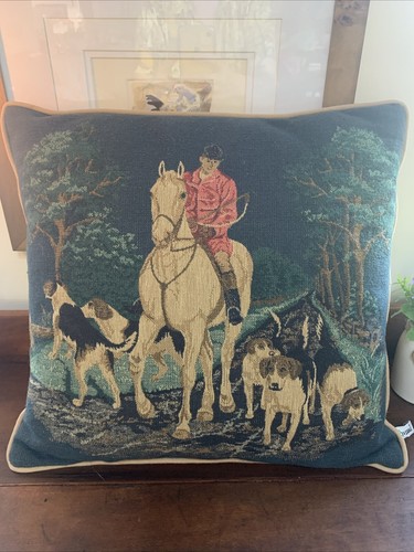 Hunting Tapestry 17" x 15" Fox Hunting Horse Dogs Equestrian Hound Throw Pillow