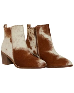 Women's Brown Leather Material Western Heel Round Toe Fashion Booties - Picture 1 of 3
