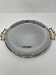 Vintage Kromex Round Serving Tray Platter  13” Stainless Chrome w/ Brass Handles - Picture 1 of 11