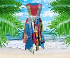Womens Bohemian Dress, 2 in 1 Blue Pink Hi low Skirt, Patchwork Hippie Dress S/M