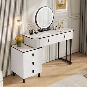 White Dressing Table High-gloss Vanity Makeup Desk with LED Mirror 5 Drawers - Picture 1 of 9