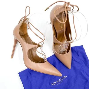 Aquazzura Christy Pumps Tan Leather Heels Curvy Lace Up Pointed Toe Sz 37 / 7 US - Picture 1 of 11
