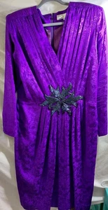 Vtg 100% Silk Royal Purple Silk Studio Dress Size 16 Iridesent Applique Classy - Picture 1 of 10