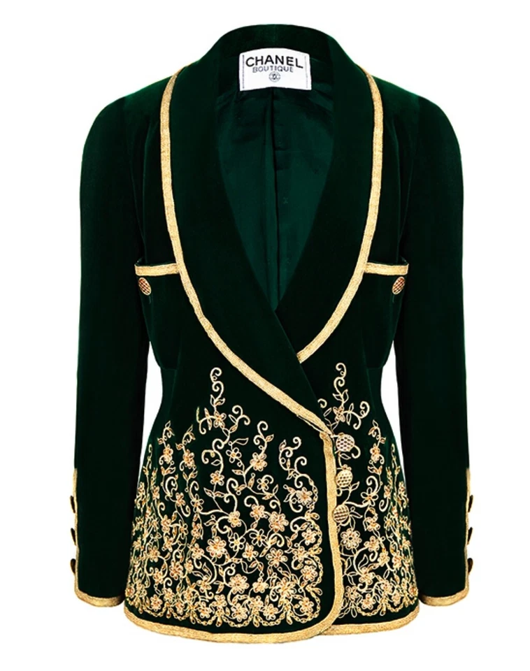 Chaqueta Falda Vintage Chanel Couture 1990 1991 Terciopelo Verde Dorado Bordado RARA Foto 1 de 4