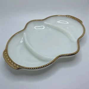 Vintage Fire King Milk Glass Divided Relish Serving Dish White Hobnail Gold Trim - Picture 1 of 11