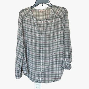Philosophy Blouse Women’s Lg  Long Sleeve Button Up Sheer Plaid Career Academia - Picture 1 of 9