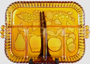 Amber Carnival Glass Indiana Glass Co. Fruit/Cheese Divided Serving Tray Unused - Picture 1 of 10