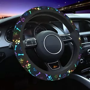 Black Rainbow Dog Paw Print Steering Wheel Cover Colorful Cute Bones Stearing Wh - Picture 1 of 12