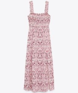 ZARA NWT 2024 Pink Linen Blend Printed Midi Dress Ruched Elastic Top Size M