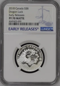 2018 CANADA 8 DOLLARS FINE SILVER COIN DRAGON LUCK NGC PF70 MATTE ER - Picture 1 of 5