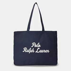 NWT Polo Ralph Lauren NAVY BLUE Cotton Chain Stitch Embroidered Canvas Tote Bag - Picture 1 of 7